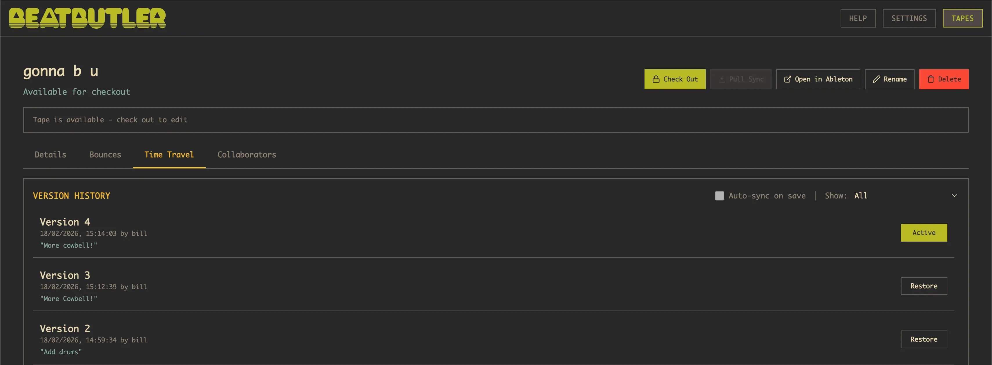 The BeatButler desktop app showing a project's version history in the Time Travel tab, with Check Out, Open in Ableton and Restore buttons