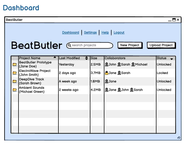 Early wireframe of the BeatButler dashboard listing Ableton projects