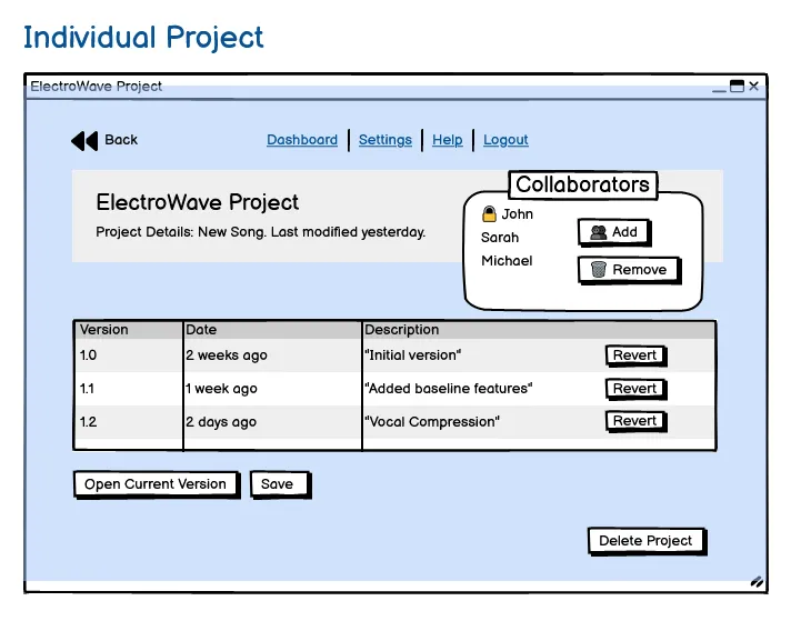 Early wireframe of a single project's version history in BeatButler